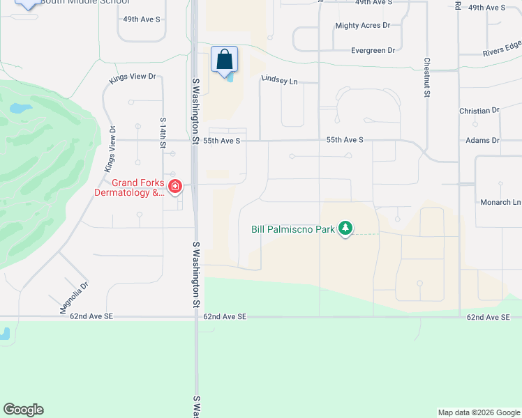 map of restaurants, bars, coffee shops, grocery stores, and more near 5655 South 11th Street in Grand Forks