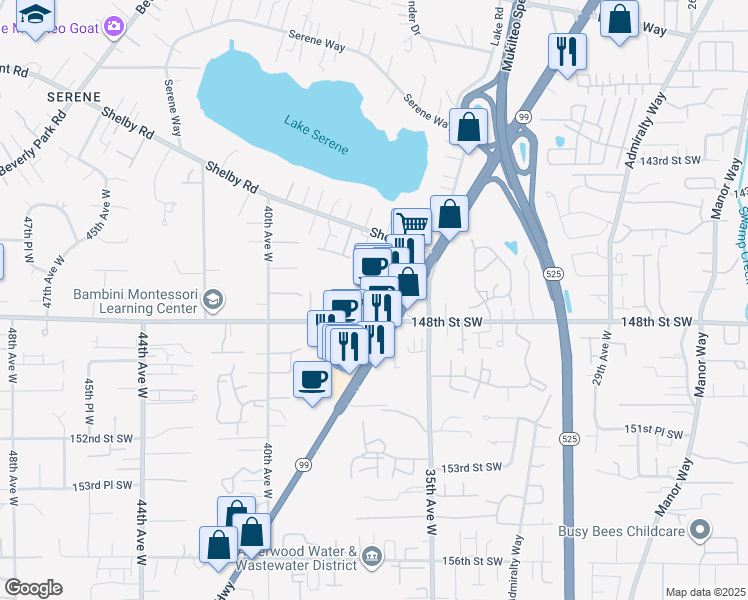 map of restaurants, bars, coffee shops, grocery stores, and more near 3625 148th Street Southwest in Lynnwood