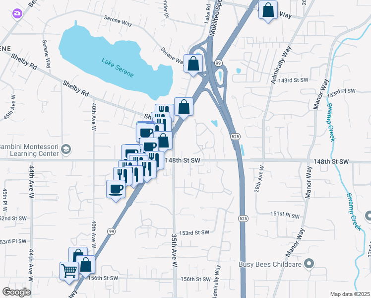 map of restaurants, bars, coffee shops, grocery stores, and more near 3333 148th Street Southwest in Lynnwood