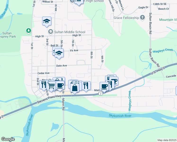 map of restaurants, bars, coffee shops, grocery stores, and more near 312 8th Street in Sultan