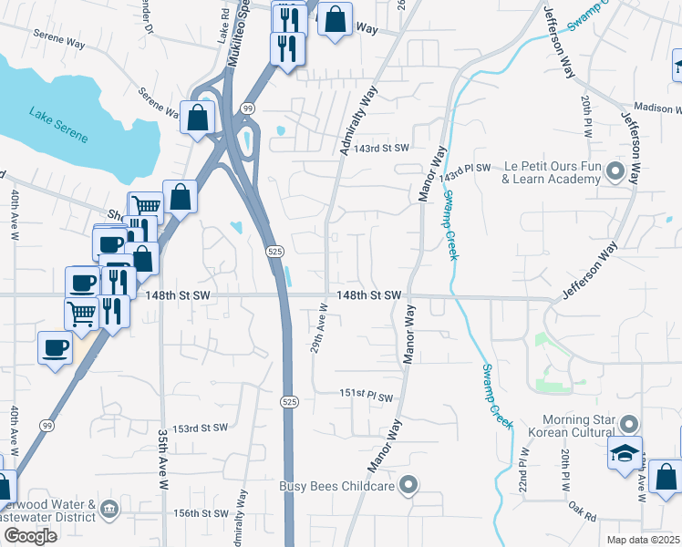 map of restaurants, bars, coffee shops, grocery stores, and more near 14715 Admiralty Way in Lynnwood