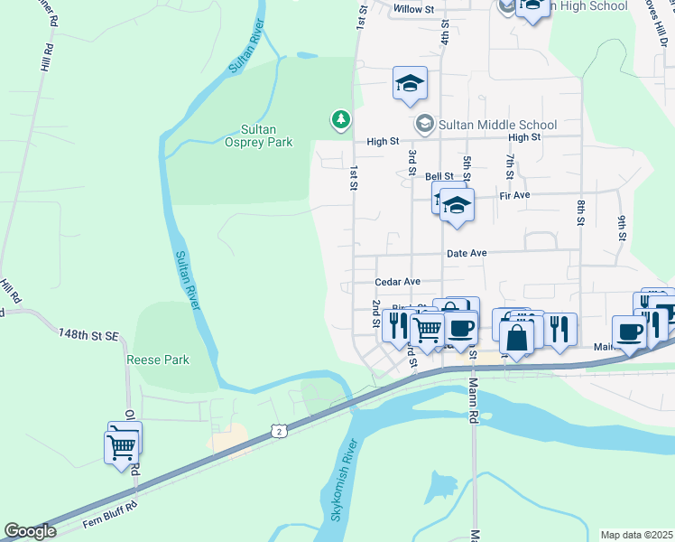 map of restaurants, bars, coffee shops, grocery stores, and more near 415 1st Street in Sultan