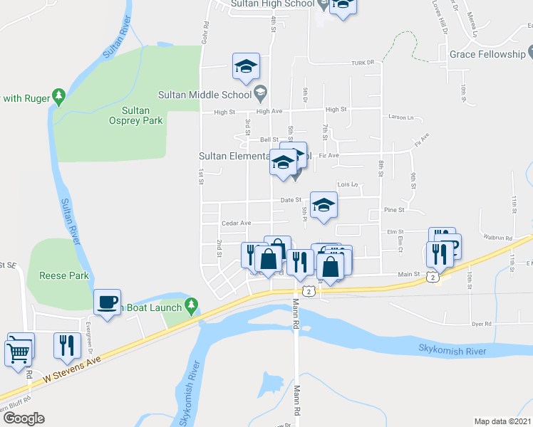map of restaurants, bars, coffee shops, grocery stores, and more near 403 4th Street in Snohomish