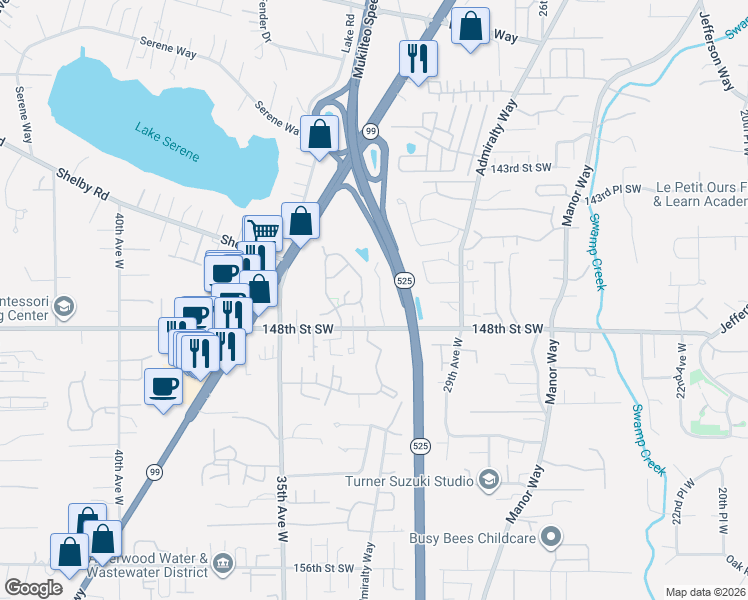 map of restaurants, bars, coffee shops, grocery stores, and more near 14702 32nd Place West in Lynnwood