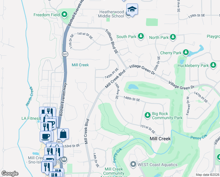 map of restaurants, bars, coffee shops, grocery stores, and more near 1516 148th Place Southeast in Mill Creek