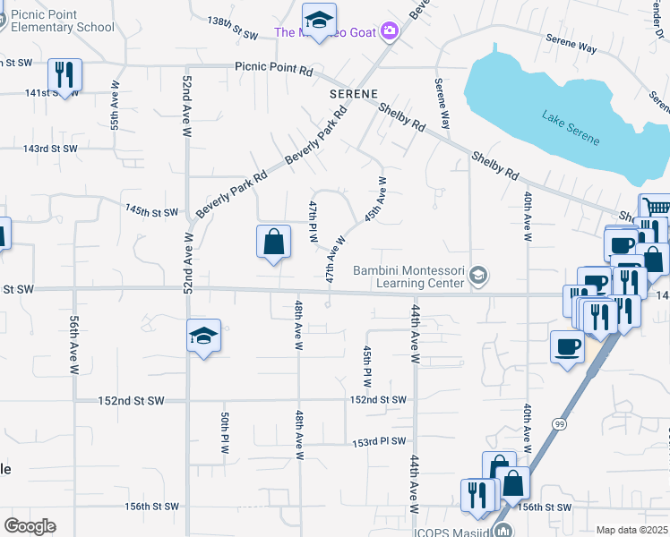 map of restaurants, bars, coffee shops, grocery stores, and more near 14705 47th Avenue West in Lynnwood
