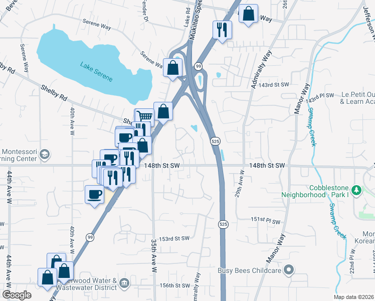 map of restaurants, bars, coffee shops, grocery stores, and more near 14702 32nd Place West in Lynnwood