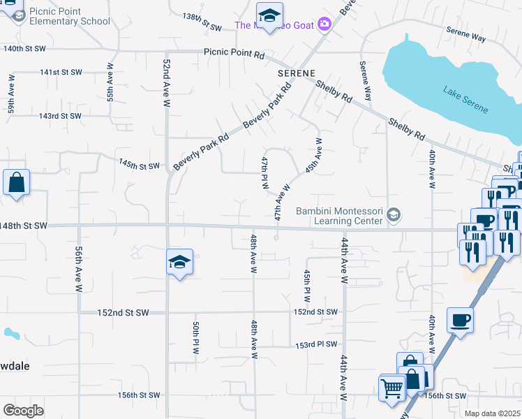 map of restaurants, bars, coffee shops, grocery stores, and more near 4723 147th Place Southwest in Lynnwood