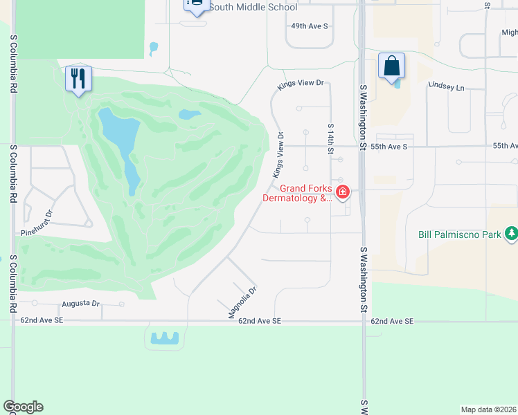 map of restaurants, bars, coffee shops, grocery stores, and more near Kings View Drive in Grand Forks