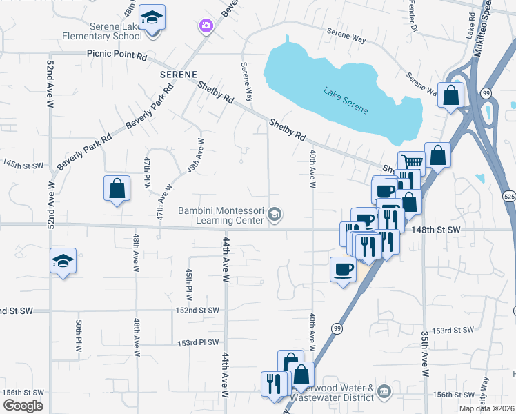 map of restaurants, bars, coffee shops, grocery stores, and more near 4207 147th Street Southwest in Lynnwood