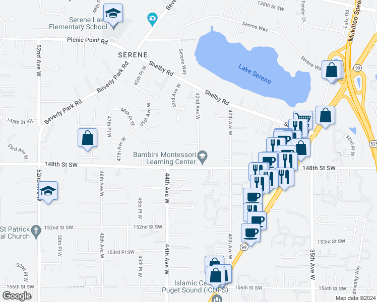 map of restaurants, bars, coffee shops, grocery stores, and more near 4219 147th Street Southwest in Lynnwood