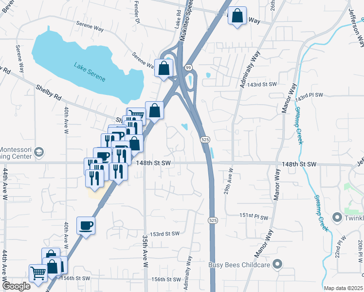 map of restaurants, bars, coffee shops, grocery stores, and more near 14702 32nd Place West in Lynnwood