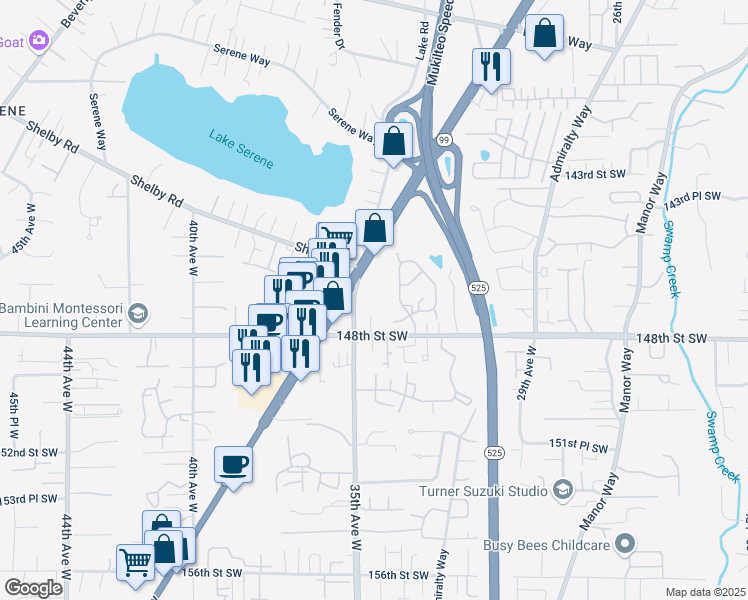 map of restaurants, bars, coffee shops, grocery stores, and more near 3333 148th Street Southwest in Lynnwood