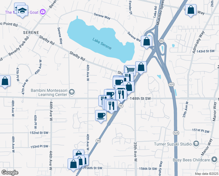 map of restaurants, bars, coffee shops, grocery stores, and more near 3717 148th Street Southwest in Lynnwood