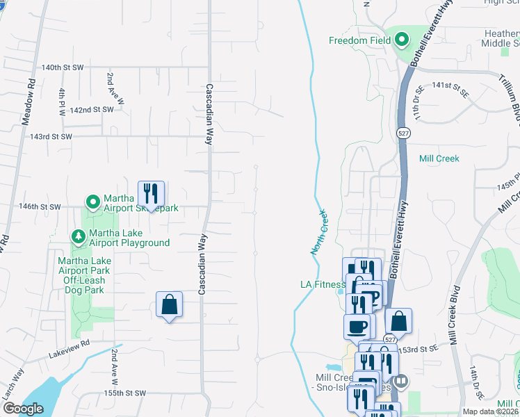 map of restaurants, bars, coffee shops, grocery stores, and more near 14615 3rd Drive Southeast in Mill Creek