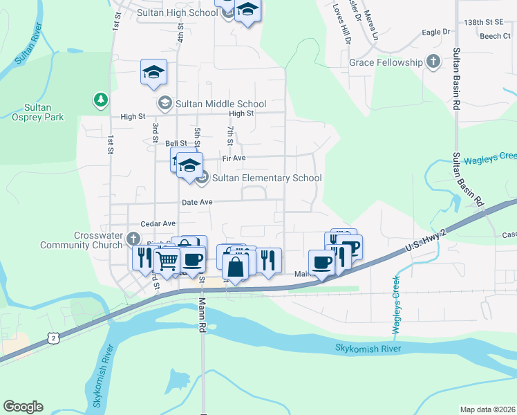 map of restaurants, bars, coffee shops, grocery stores, and more near 736 Date Street in Sultan