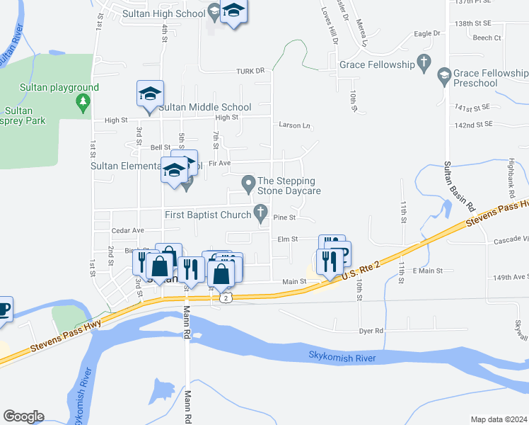 map of restaurants, bars, coffee shops, grocery stores, and more near 312 8th Street in Sultan