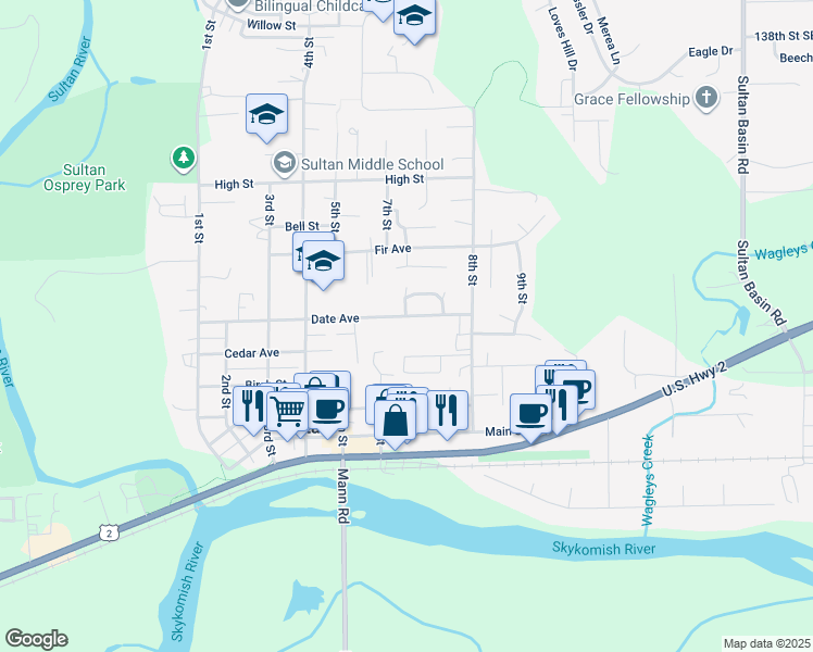 map of restaurants, bars, coffee shops, grocery stores, and more near 642 Date Street in Sultan