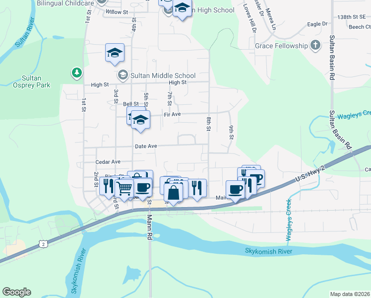 map of restaurants, bars, coffee shops, grocery stores, and more near 642 Date Street in Sultan