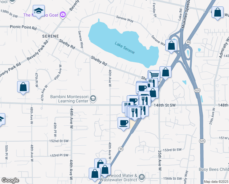 map of restaurants, bars, coffee shops, grocery stores, and more near 3905 147th Street Southwest in Lynnwood