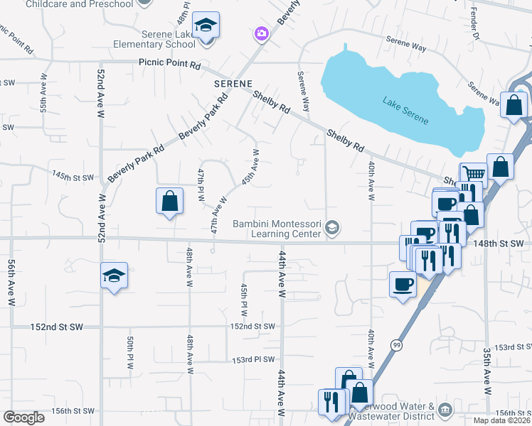 map of restaurants, bars, coffee shops, grocery stores, and more near 4422 146th Place Southwest in Lynnwood