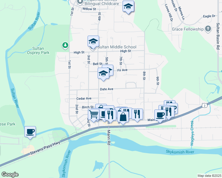 map of restaurants, bars, coffee shops, grocery stores, and more near 409 5th Place in Sultan