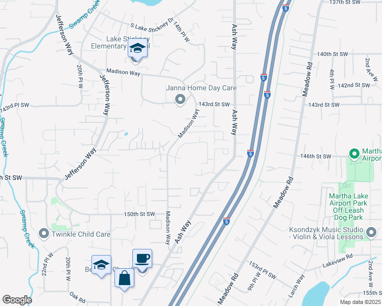 map of restaurants, bars, coffee shops, grocery stores, and more near 14615 Madison Way in Lynnwood
