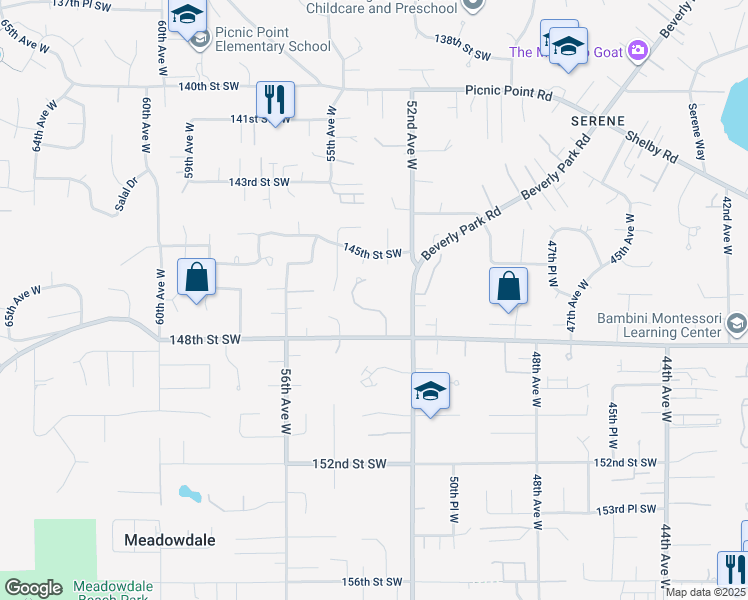 map of restaurants, bars, coffee shops, grocery stores, and more near 14714 53rd Avenue West in Edmonds