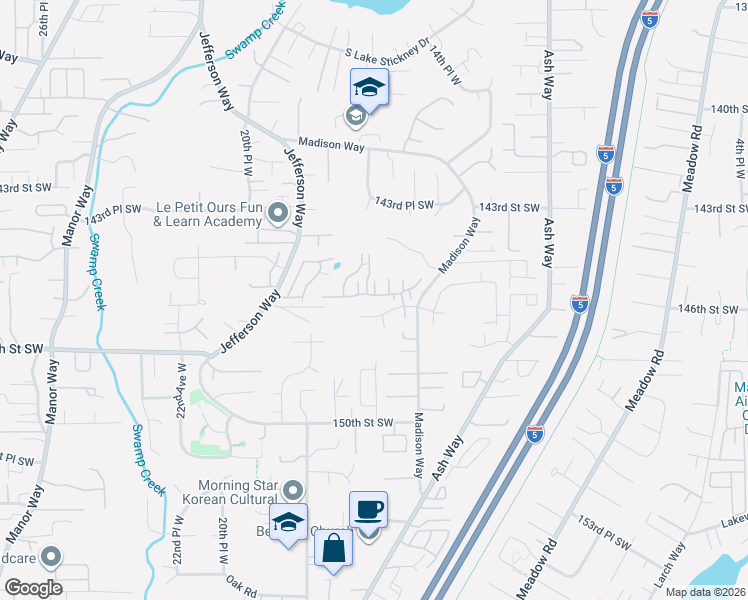 map of restaurants, bars, coffee shops, grocery stores, and more near 1610 145th Place Southwest in Lynnwood