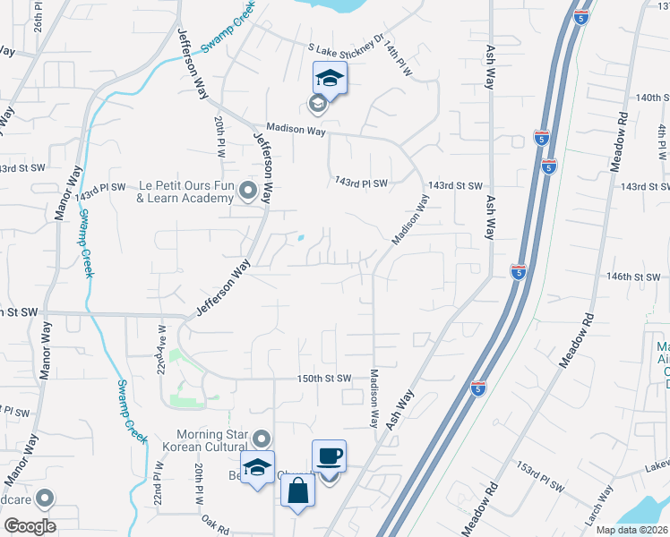 map of restaurants, bars, coffee shops, grocery stores, and more near 1610 145th Place Southwest in Lynnwood