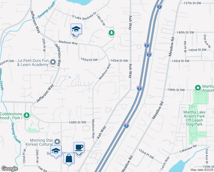 map of restaurants, bars, coffee shops, grocery stores, and more near 14615 Madison Way in Lynnwood