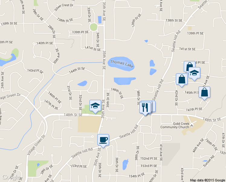 map of restaurants, bars, coffee shops, grocery stores, and more near 14600 36th Avenue Southeast in Mill Creek