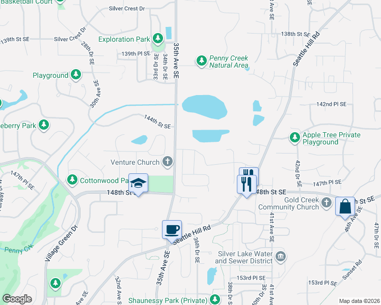 map of restaurants, bars, coffee shops, grocery stores, and more near 14600 36th Avenue Southeast in Mill Creek