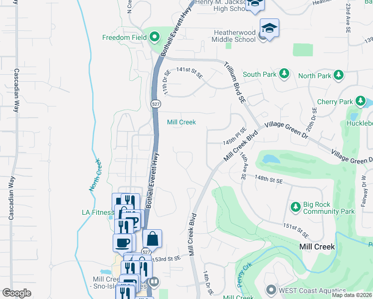 map of restaurants, bars, coffee shops, grocery stores, and more near 1221 146th Street Southeast in Mill Creek