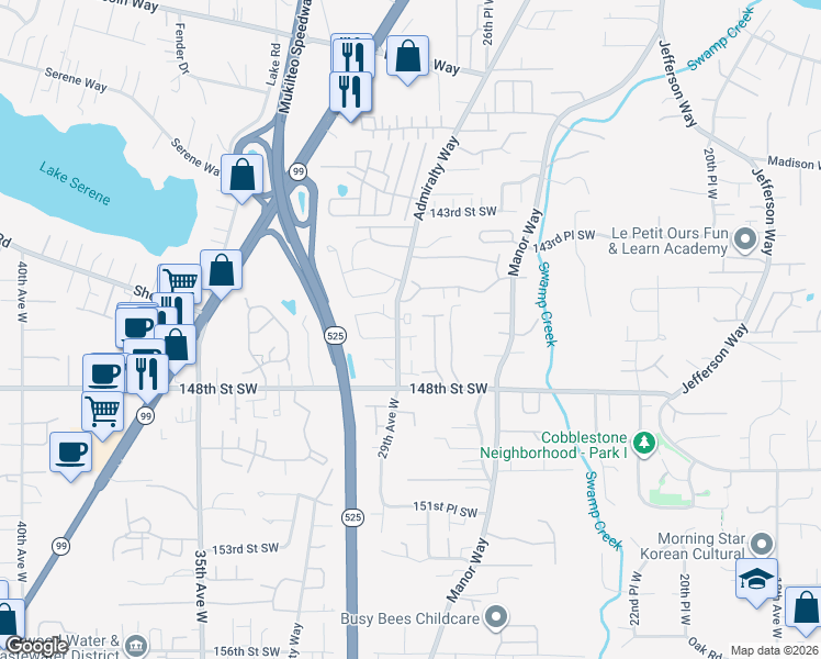 map of restaurants, bars, coffee shops, grocery stores, and more near 14611 Admiralty Way in Lynnwood