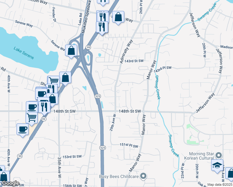 map of restaurants, bars, coffee shops, grocery stores, and more near 3001 145th Street Southwest in Lynnwood