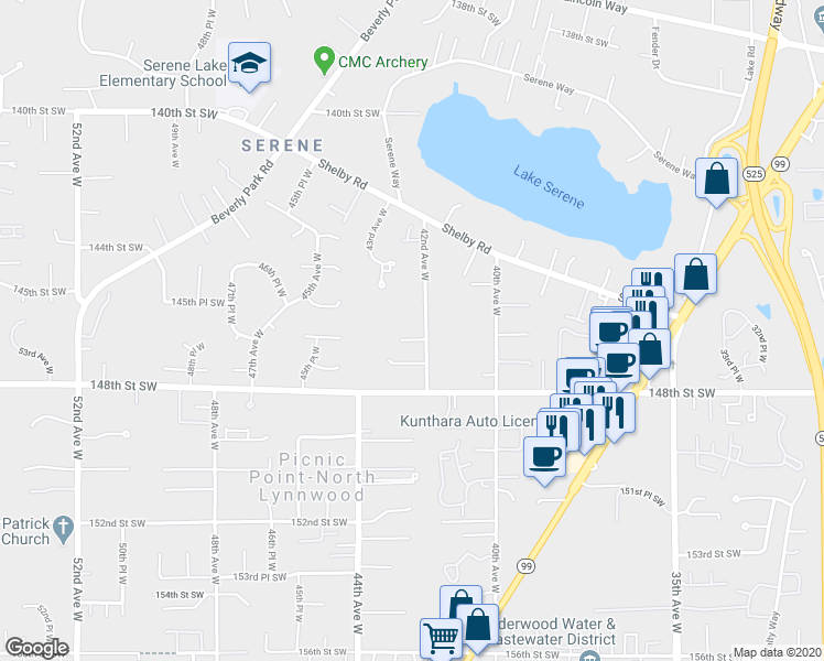 map of restaurants, bars, coffee shops, grocery stores, and more near 14508 42nd Avenue West in Lynnwood