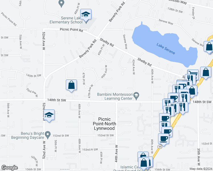 map of restaurants, bars, coffee shops, grocery stores, and more near 4505 146th Place Southwest in Lynnwood