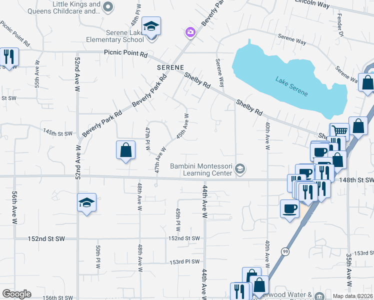 map of restaurants, bars, coffee shops, grocery stores, and more near 4505 146th Place Southwest in Lynnwood