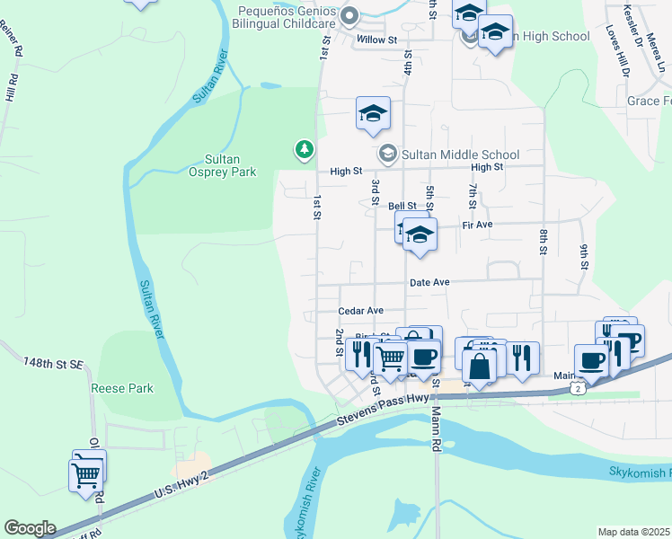 map of restaurants, bars, coffee shops, grocery stores, and more near 106 Raspberry Lane in Sultan
