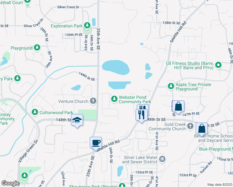 map of restaurants, bars, coffee shops, grocery stores, and more near 14415 35th Avenue Southeast in Mill Creek