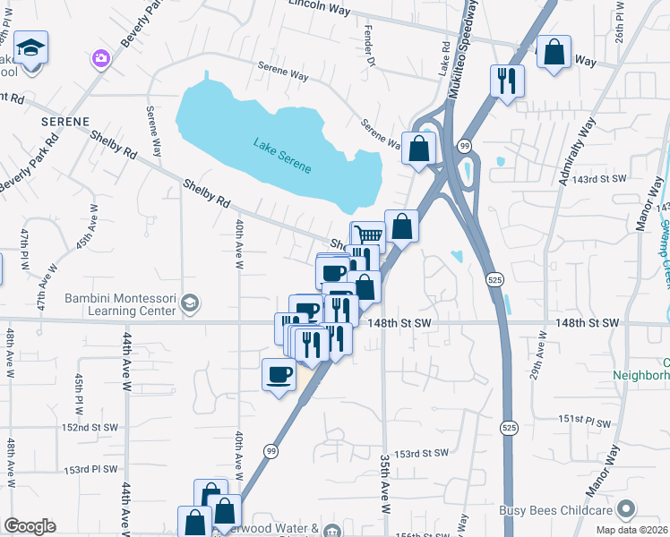 map of restaurants, bars, coffee shops, grocery stores, and more near 3624 Shelby Road in Lynnwood