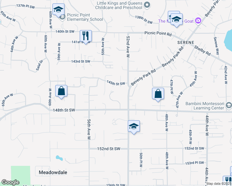 map of restaurants, bars, coffee shops, grocery stores, and more near 14714 53rd Avenue West in Edmonds