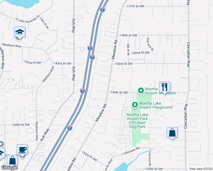 map of restaurants, bars, coffee shops, grocery stores, and more near 627 145th Place Southwest in Lynnwood