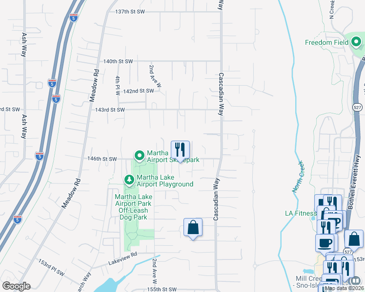 map of restaurants, bars, coffee shops, grocery stores, and more near 14509 Meridian Place West in Lynnwood