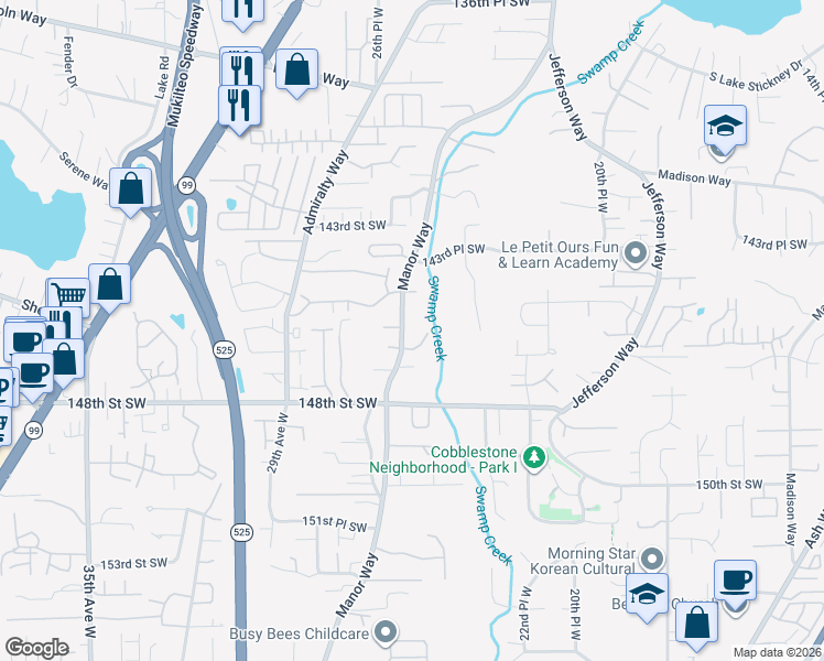 map of restaurants, bars, coffee shops, grocery stores, and more near 2528 144th Place Southwest in Lynnwood