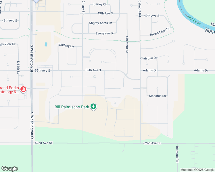 map of restaurants, bars, coffee shops, grocery stores, and more near 5569 Elm Twig Drive in Grand Forks
