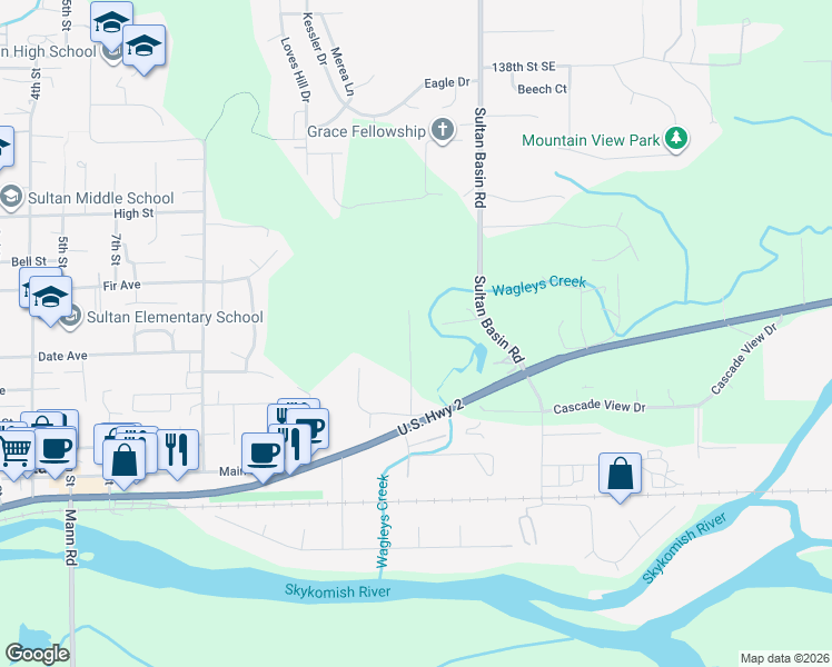 map of restaurants, bars, coffee shops, grocery stores, and more near 404 11th Street in Sultan