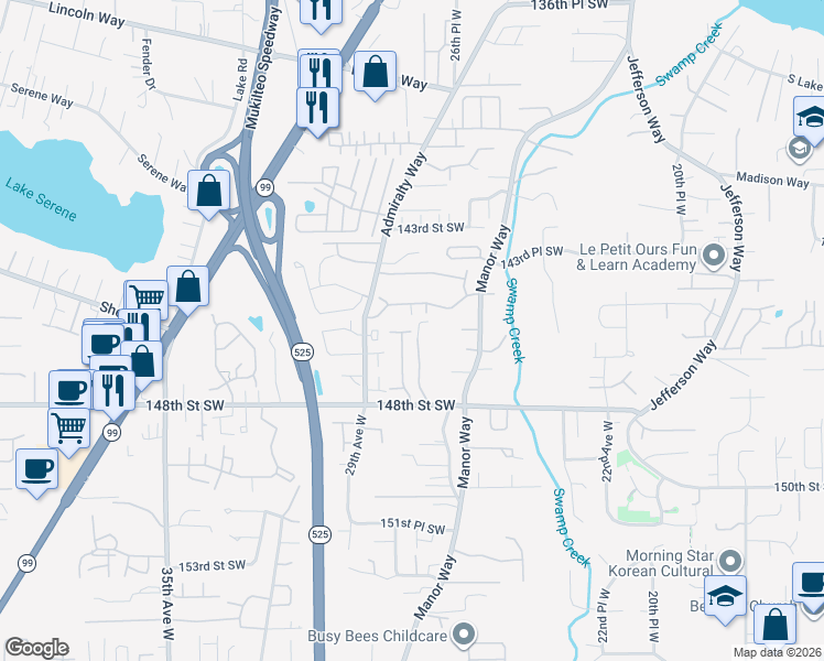 map of restaurants, bars, coffee shops, grocery stores, and more near 2801 148th Street Southwest in Lynnwood