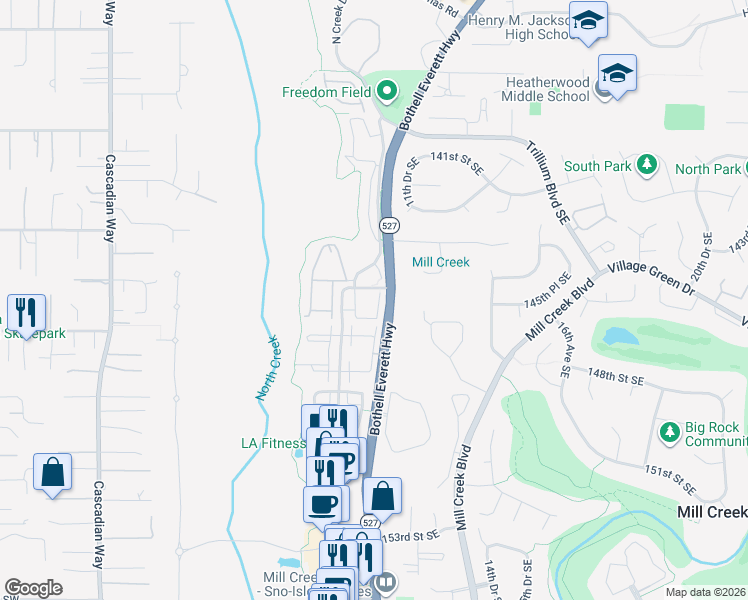 map of restaurants, bars, coffee shops, grocery stores, and more near 14515 North Creek Drive in Mill Creek